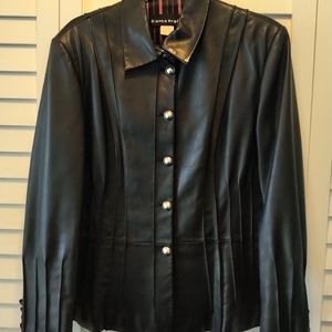 Black Pleated Leather Jacket. Size 14
